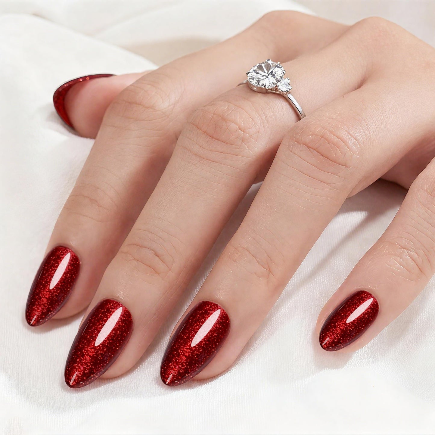 Red Glitter Press On Nails Almond -Short Press On Nails with Nail Glue, Fit Perfectly & Natural Reusable Stick On Nails in 12 Sizes - 24PCS Soft Gel Glue On Nails Kit