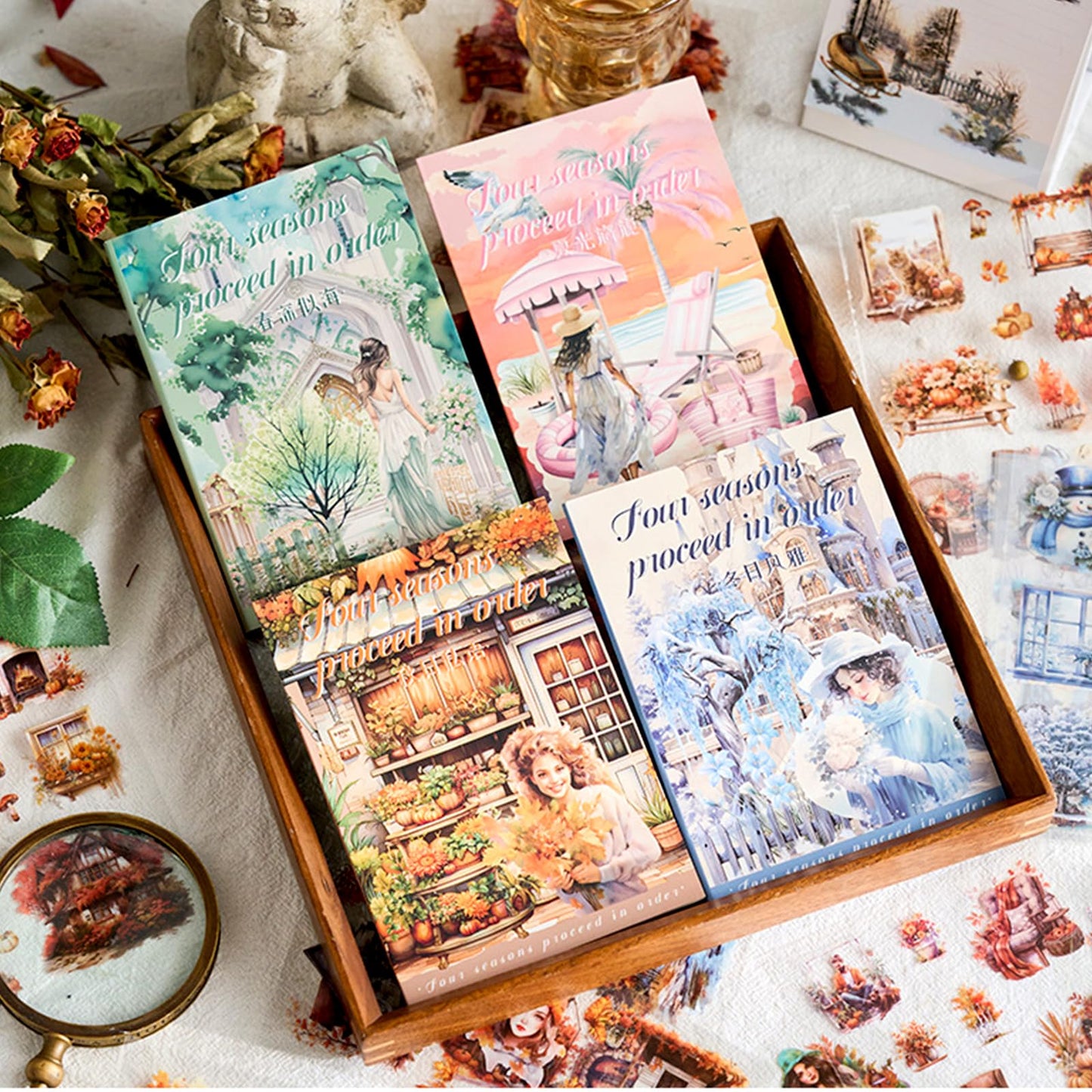 Uideyvi Four Seasons Style Stickers Scrapbooking Supplies for Junk Journal, Four Sticker Books, 80 Sheets PET Stickers