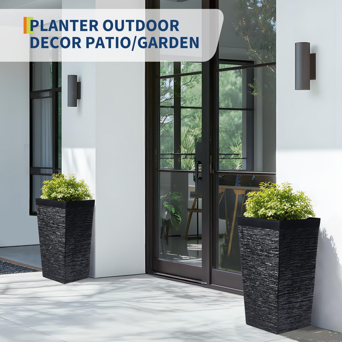 Garvee 22.5" Tall Planters, 3 pcs Outdoor＆Indoor Black Planter Pots, High Front Porch Planter Pots with Drainage Holes, Black