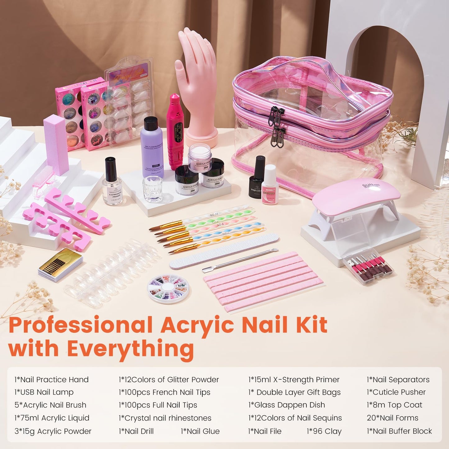 Nail Kit for Beginners with Everything: Practice Nail Hand Acrylic Set Professional Powder Liquid Starter Kits with Drill U/V Lamp in Cosmetic Gift Bag for Salon Home (Pink)