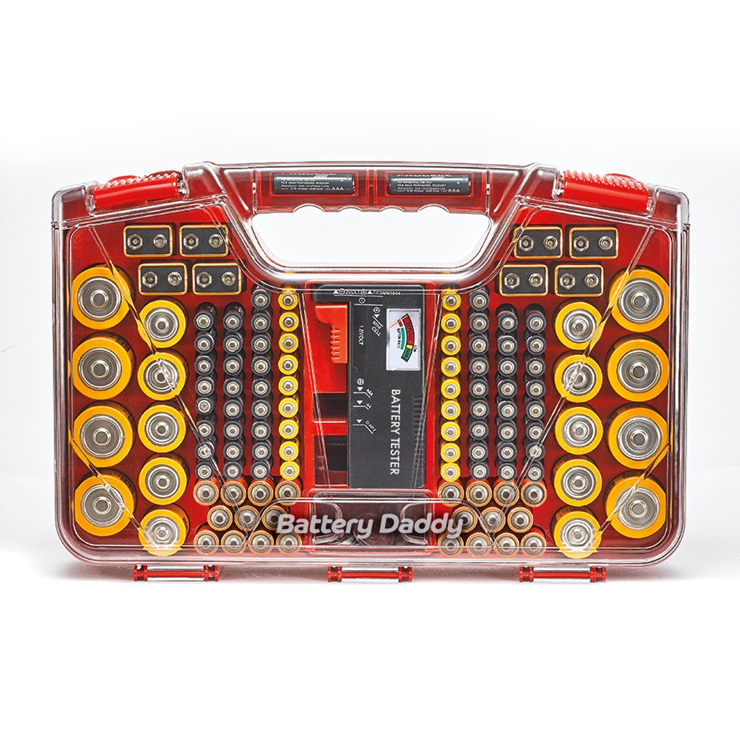 Ontel Battery Daddy Storage & Organizer Case w/Tester, Stores & Protects Up to 180 Batteries, Double-Sided, Clear Locking Lid, Secure Latches & Portable Carrying Handle - Red (Batteries Not Included)