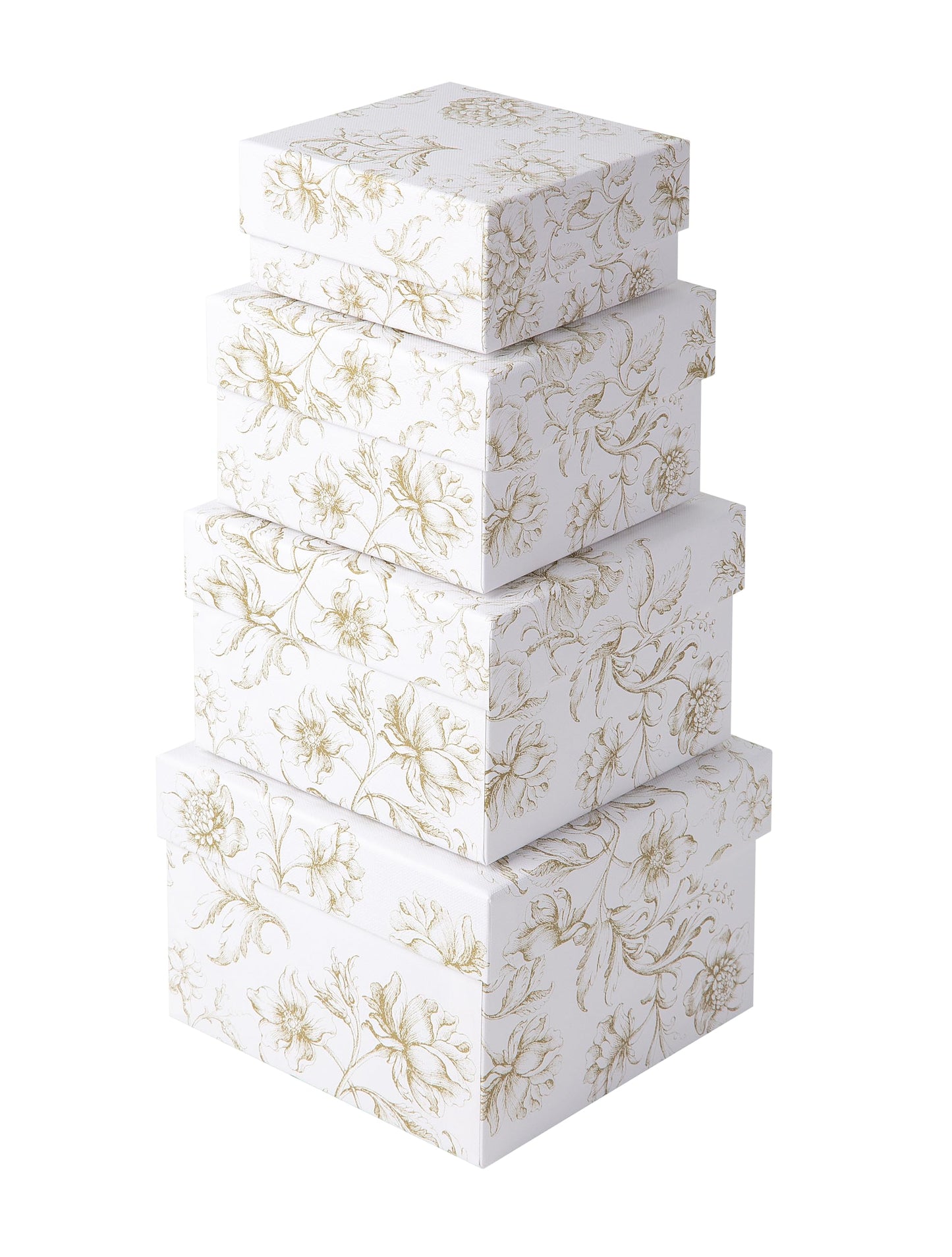 Sorarto Square Gift Boxes with Lids 4pc Set | White Gold Floral Nesting Gift Boxes for Presents Birthday Wedding Bridesmaid Christmas