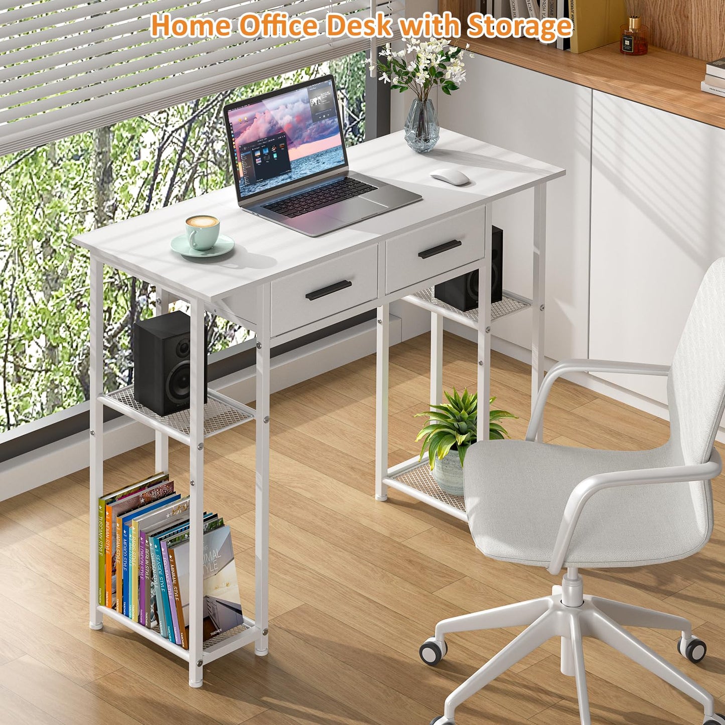 DAOUTIME White Computer Desk with Drawers, 37.3 Inch Home Office Work Desk with Storage Shelf, Kids Teens Study Table for Small Space, Small Writing PC Table for Bedroom Makeup Vanity Desk