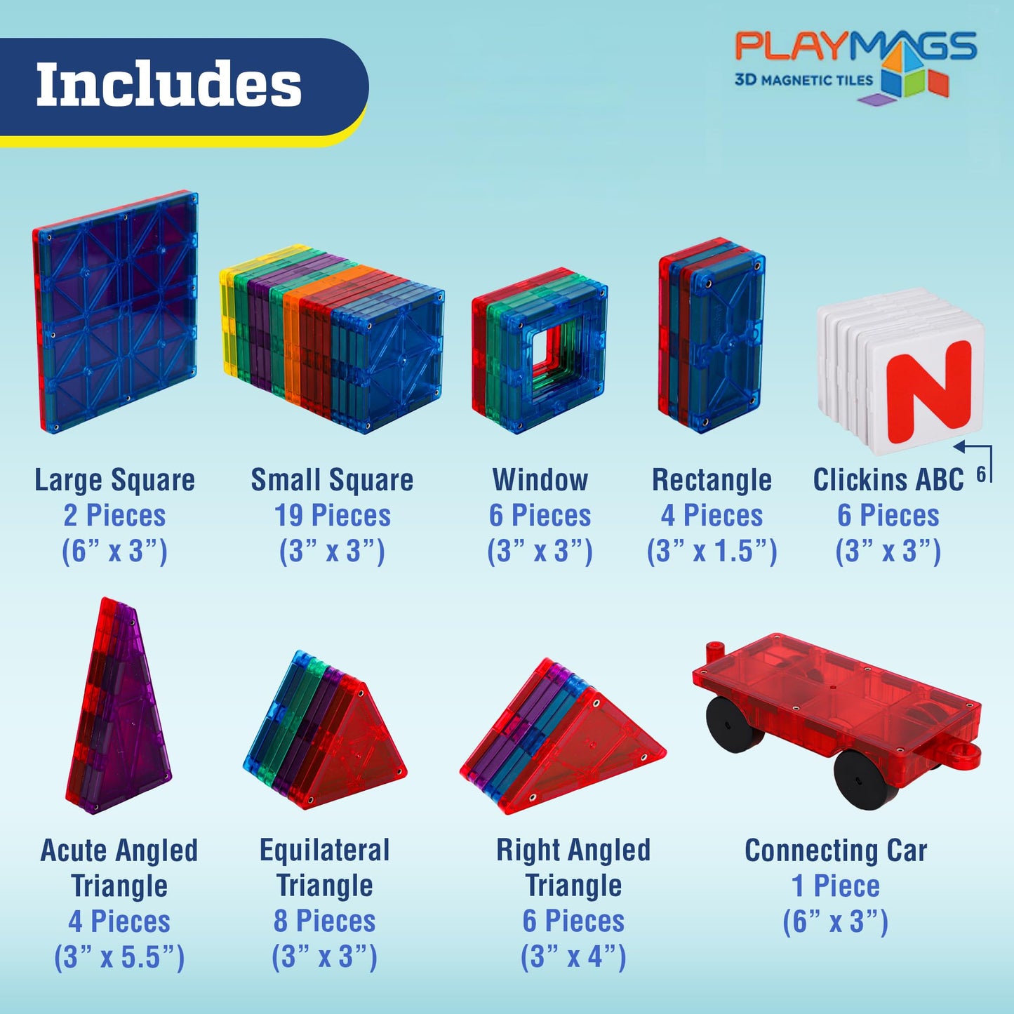 Playmags Magnetic Tiles Building Set 50 Pcs Set with Bonus Click-ins, Super Durable Magnet Blocks, STEM Development Kids Building Toys for Boys Girls & Toddlers
