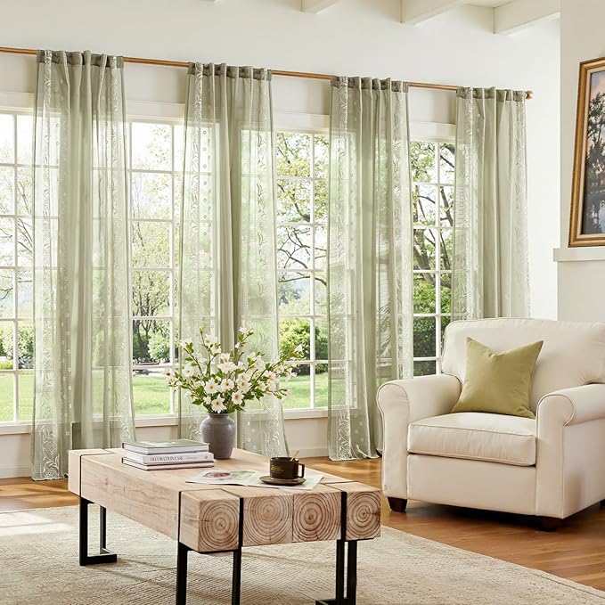 jinchan Winslow Sage Sheer Curtains 84 Inch for Bedroom Living Room Embroidered Bordered Floral Nursery Curtains for Playroom Dorm Light Filtering, Ivory on Sage, 2 Panels, 50W x 84L