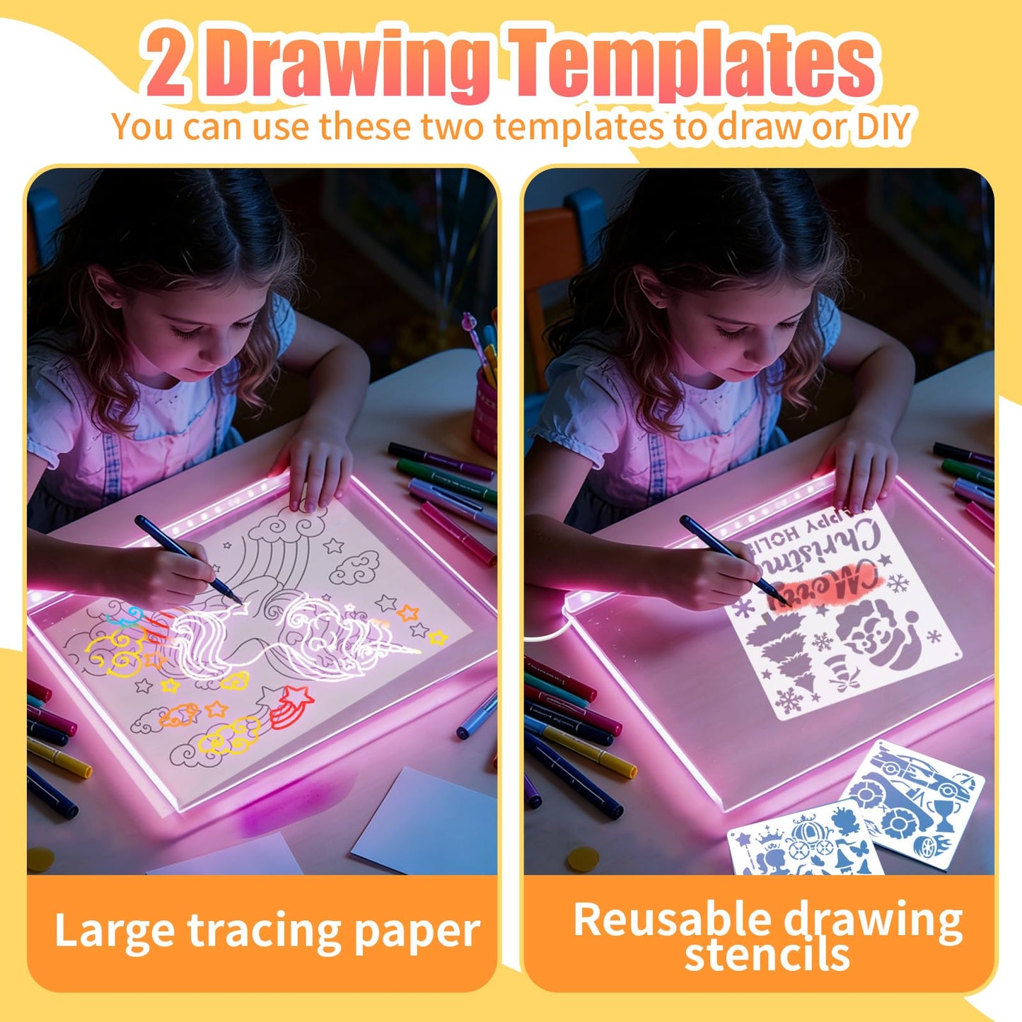 LED Drawing Board for Kids, Large Light Up Writing Tablet, 7 Color Glow Doodle Board with Paint Stencils and Tracking Paper, Birthday Holiday Toy Gift for Boys Girls Age 3+