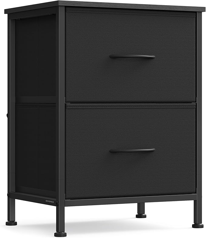 SONGMICS Dresser for Bedroom, Chest of Drawers, Nightstand, Steel, MDF, 2 Non-Woven Fabric Drawers, Storage Organizer Unit, Closet, Entryway, Ink Black and Ebony Black ULGS312B01S