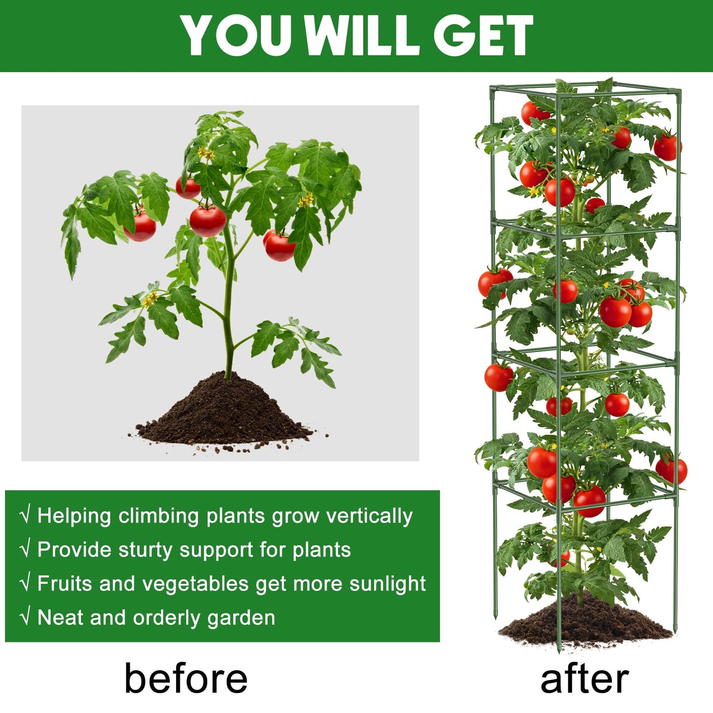 Unves 3 Pack Tomato Cage for Garden, 16" W x 66" H Square Tomato Trellis Plant Support Frame with 50 Pcs Plant Clips, Suitable for Climbing Vegetables, Flowers, and Fruits