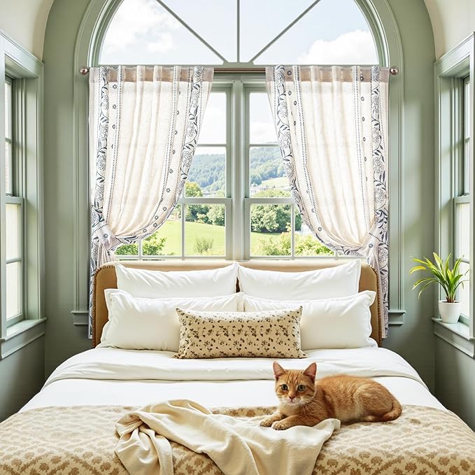 jinchan Winslow Linen Curtains 54 Inch Length Small Window Curtains Embroidered Bordered Floral Drapes Light Filtering for Bathroom Laundry Room Kitchen Farmhouse Decor Blue on Beige 2 Panels