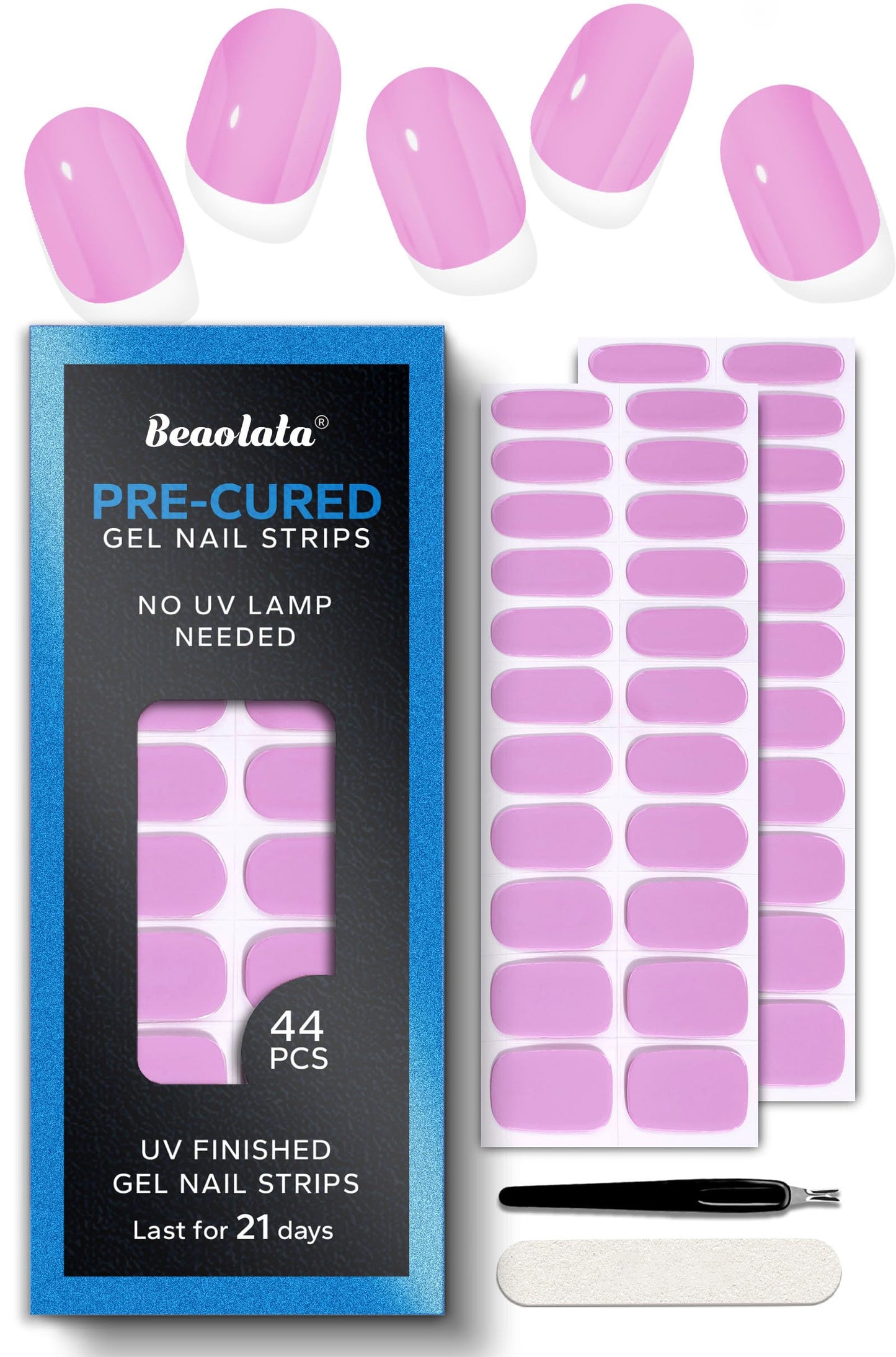 Beaolata Real Gel Nail Strips (No UV Light Needed) - 44Pcs Salon Quality Nail Stickers - Long Lasting Polish Wraps for Women, Easy Apply & Remove (Macaron Pink