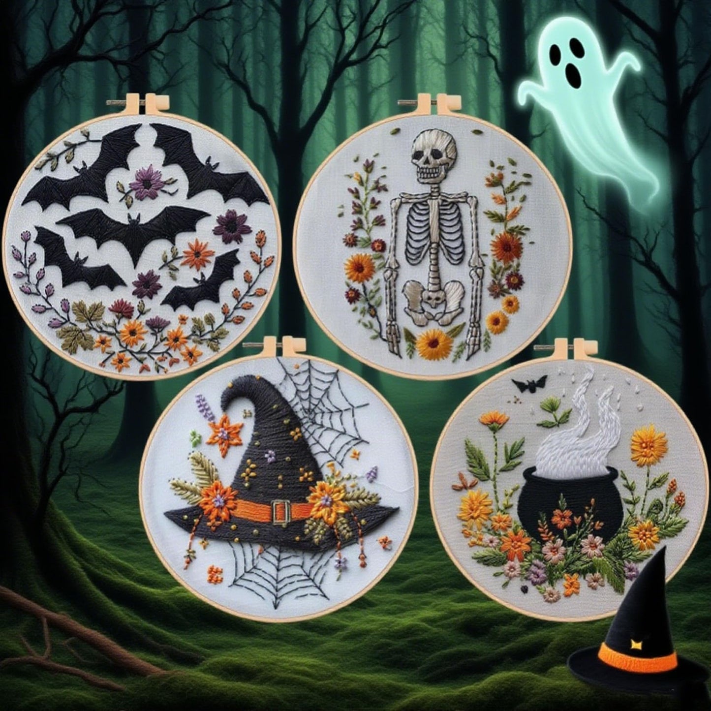 4 Set Halloween Embroidery Kit, Halloween Crafts for Adults, DIY Cross Stitch Craft Kit, with Needles and Thread Included (# A)