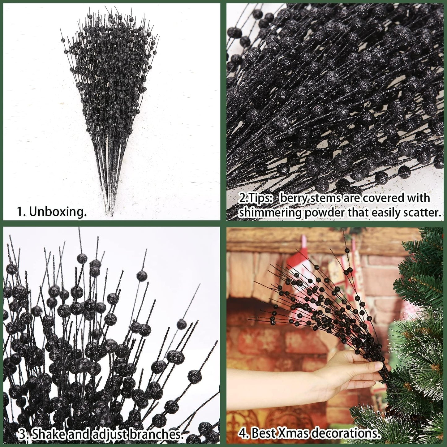 Megoogo 12 PCS Artificial Glitter Berry, Black Glitter Picks Artificial Berries Stems for Christmas Ornaments Fake Stem Decorative Sticks for Vases Tall DIY Wreath Halloween Decor