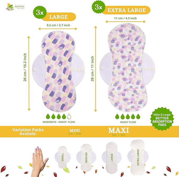 Non-Slip Organic Reusable Period Pads for Heavy Flow & Incontinence (L+XL, 6-Pack); High-Temp Cotton Washable Cloth Pads for Women; Non-Irritating, Soft Reusable Pad Menstrual for Comfortable Care