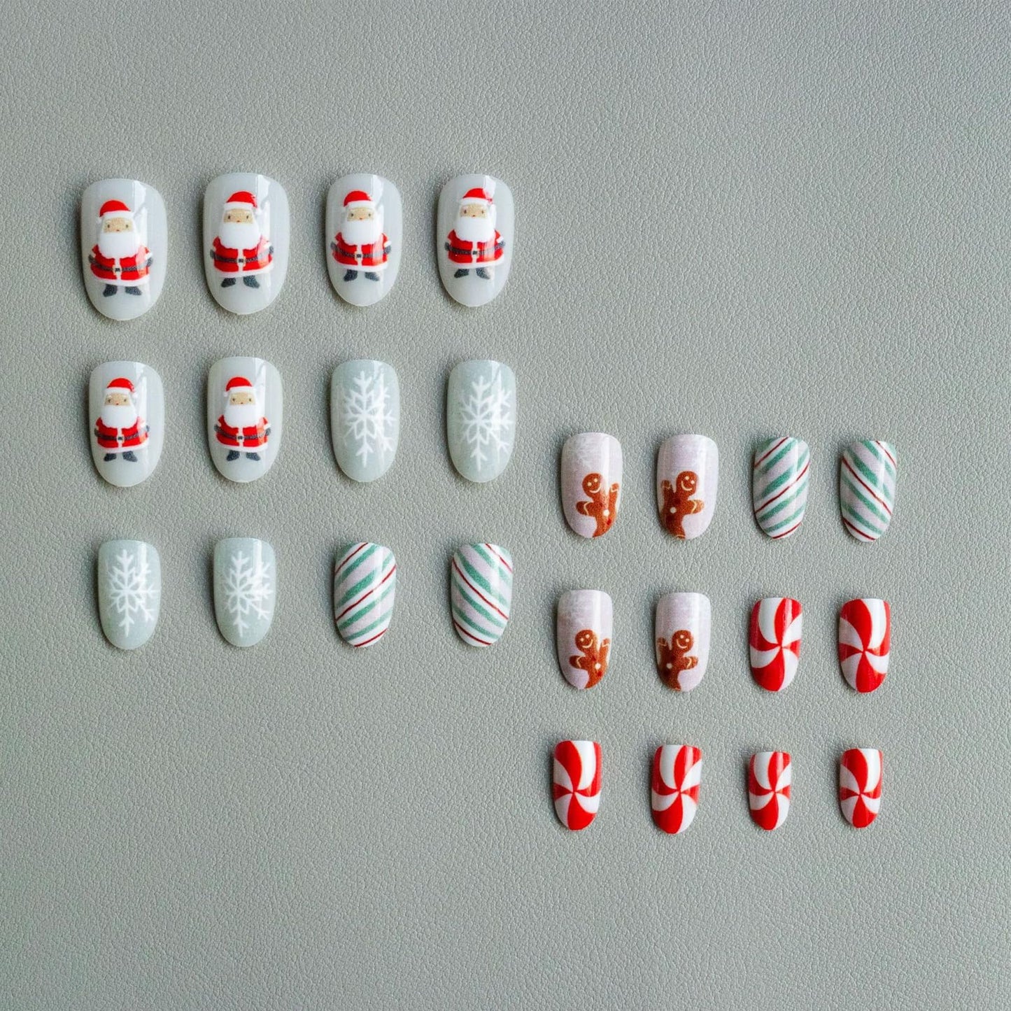 IMSOHOT Press on Nails Short Oval Fake Nails Red Green False Nails Cute Gingerbread Man, Santa Designs Round Glossy Acrylic Glue on Nails for Women Girls