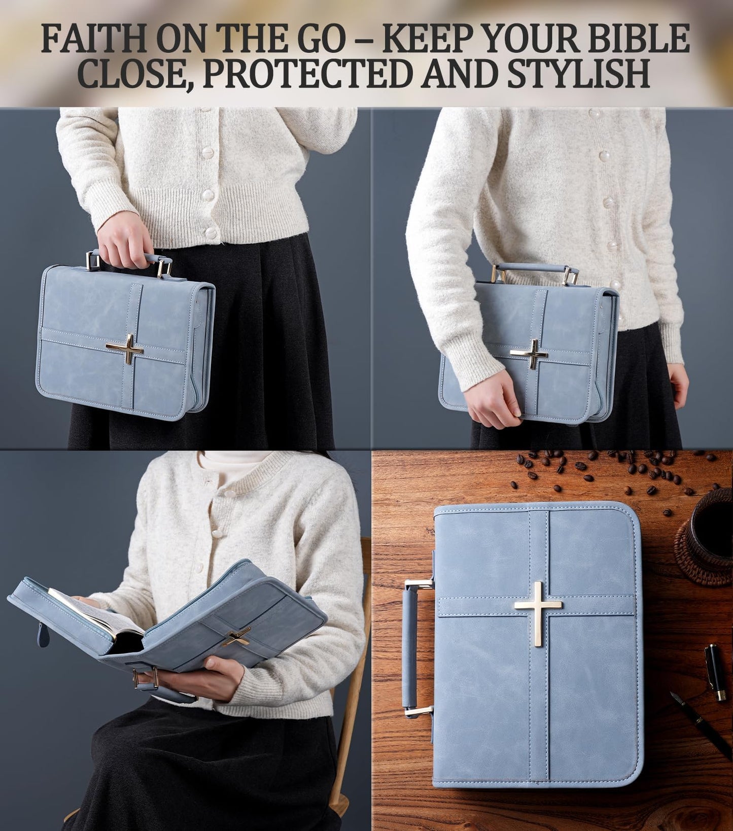 Vegan Leather Bible Cover Case, Bible Bag with Phone Pocket, Bible Case for Women, Christian Gift Box Packaging (Light Blue)