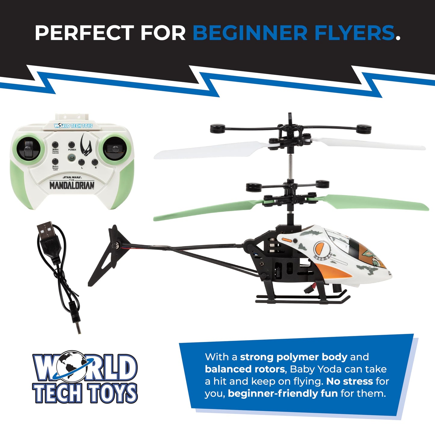 Star Wars Baby Yoda RC Helicopter – Easy‑Fly Remote Control Helicopter with LED Lights, Durable Body, Coaxial & Rear Rotors – Kids 8+