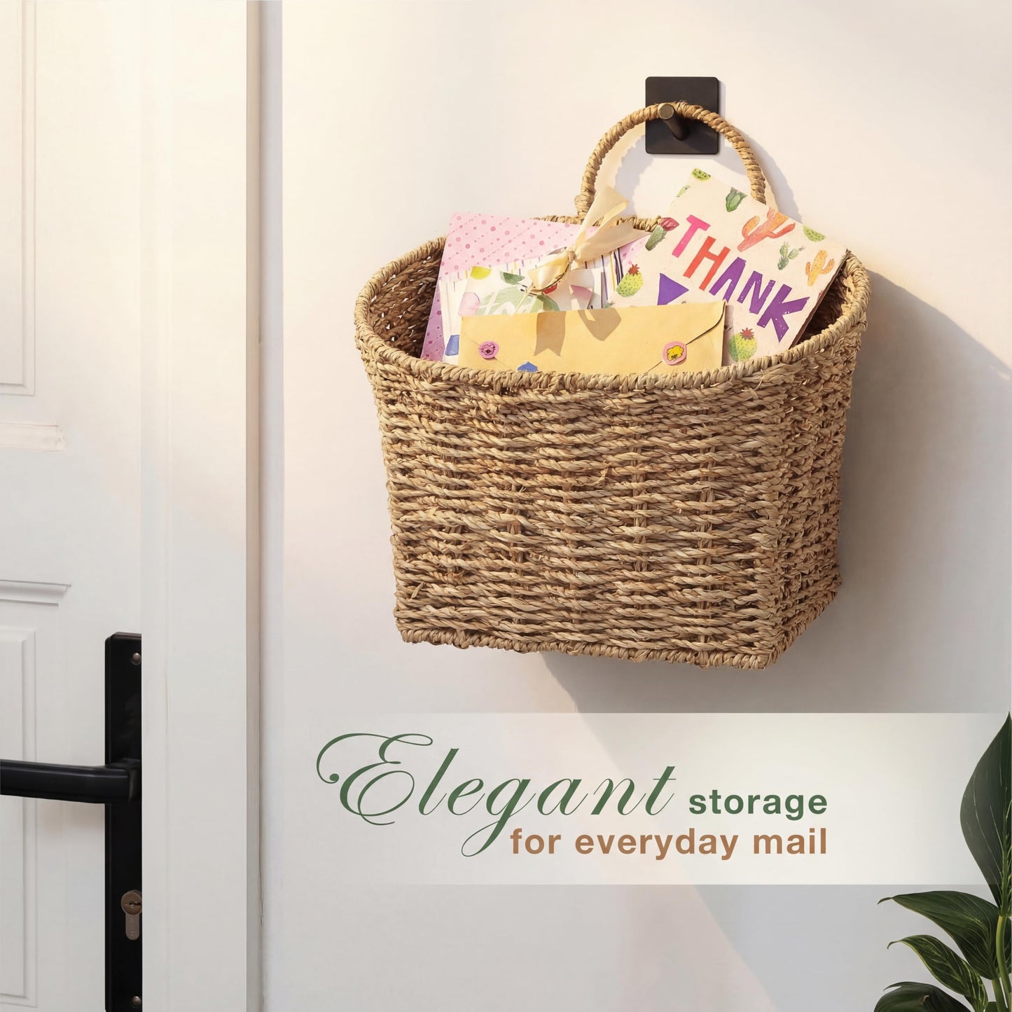 Set of 2 Wicker Hanging Basket for Organizing, Front Door, Mail, Flowers - Woven Wall Baskets for Storage (Seagrass)