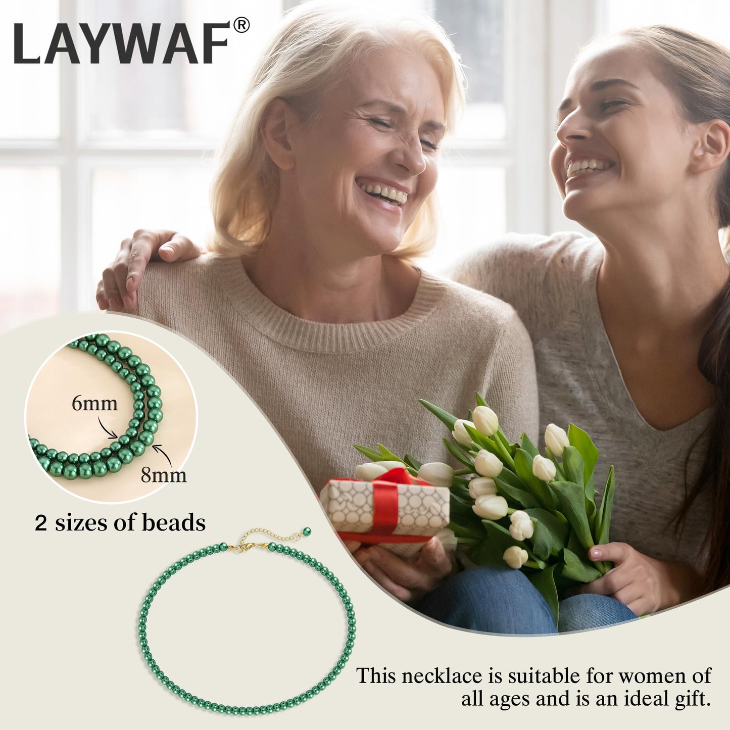 LAYWAF Green Imitation Pearl Necklaces for Women, 6MM Beaded Choker Necklace, Simple Fake Pearls Necklace, Faux Pearl Mom Necklace Costume Jewelry