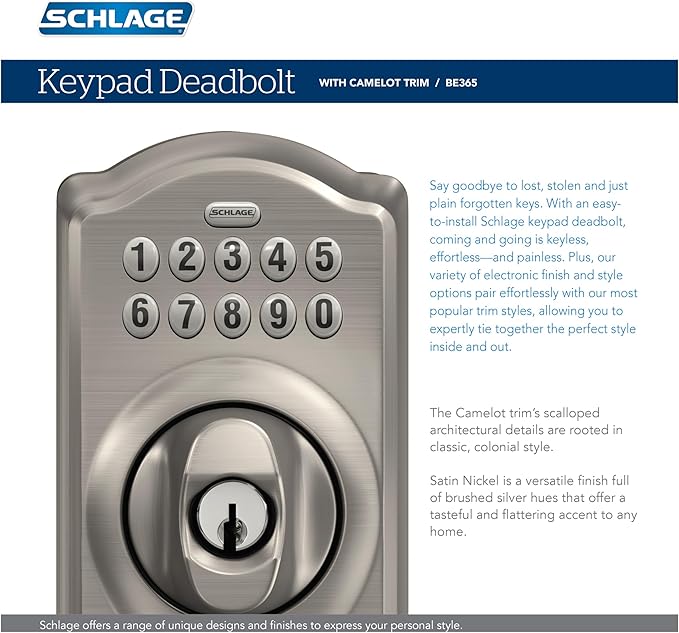 Schlage BE365 V CAM 619 Camelot Keypad Deadbolt, Electronic Keyless Entry Lock, Satin Nickel