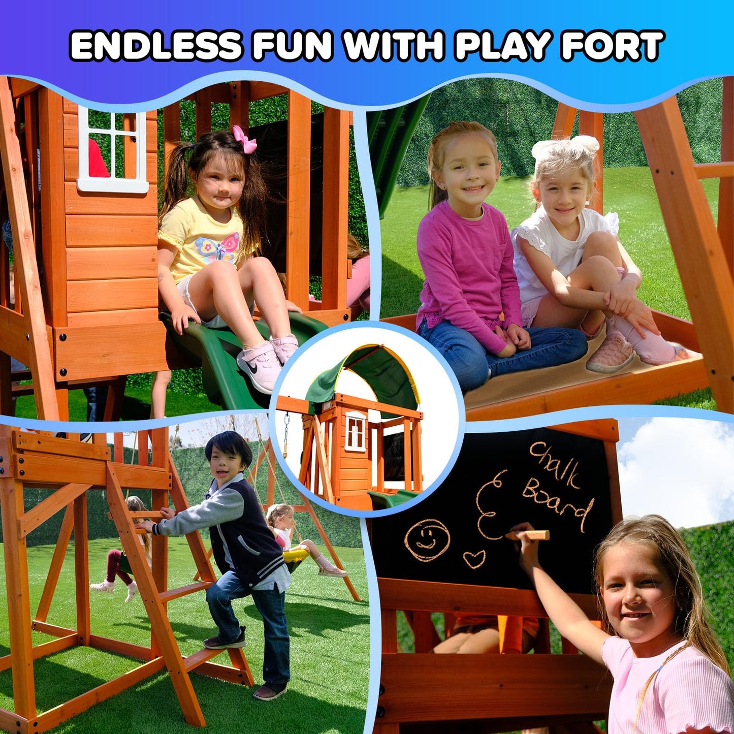Sportspower Amanda Cedar Wooden Swing Set with Saucer Swing, 6FT Blow Molded Slide, Swing, Play Fort, Heavy Duty Double A-Frame, on Slide