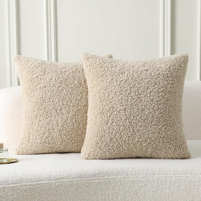 FUTEI Beige Throw Pillow Covers 16x16 Inch Set of 2,Furry Faux Fur Teddy Boucle Textured Cushion Covers,Soft Fluffy Decorative Pillow Case,Home Decor for Couch Bed Living Room Office Car