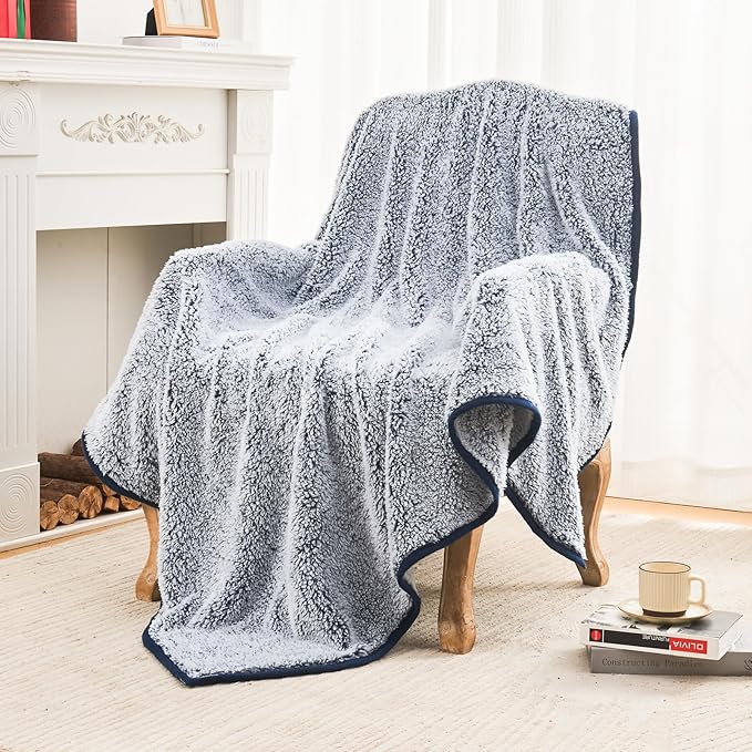 EMME Fuzzy Blanket Soft Fleece Throw Blankets for Women, Fluffy Sherpa Throws(Plush Navy,90"x90")