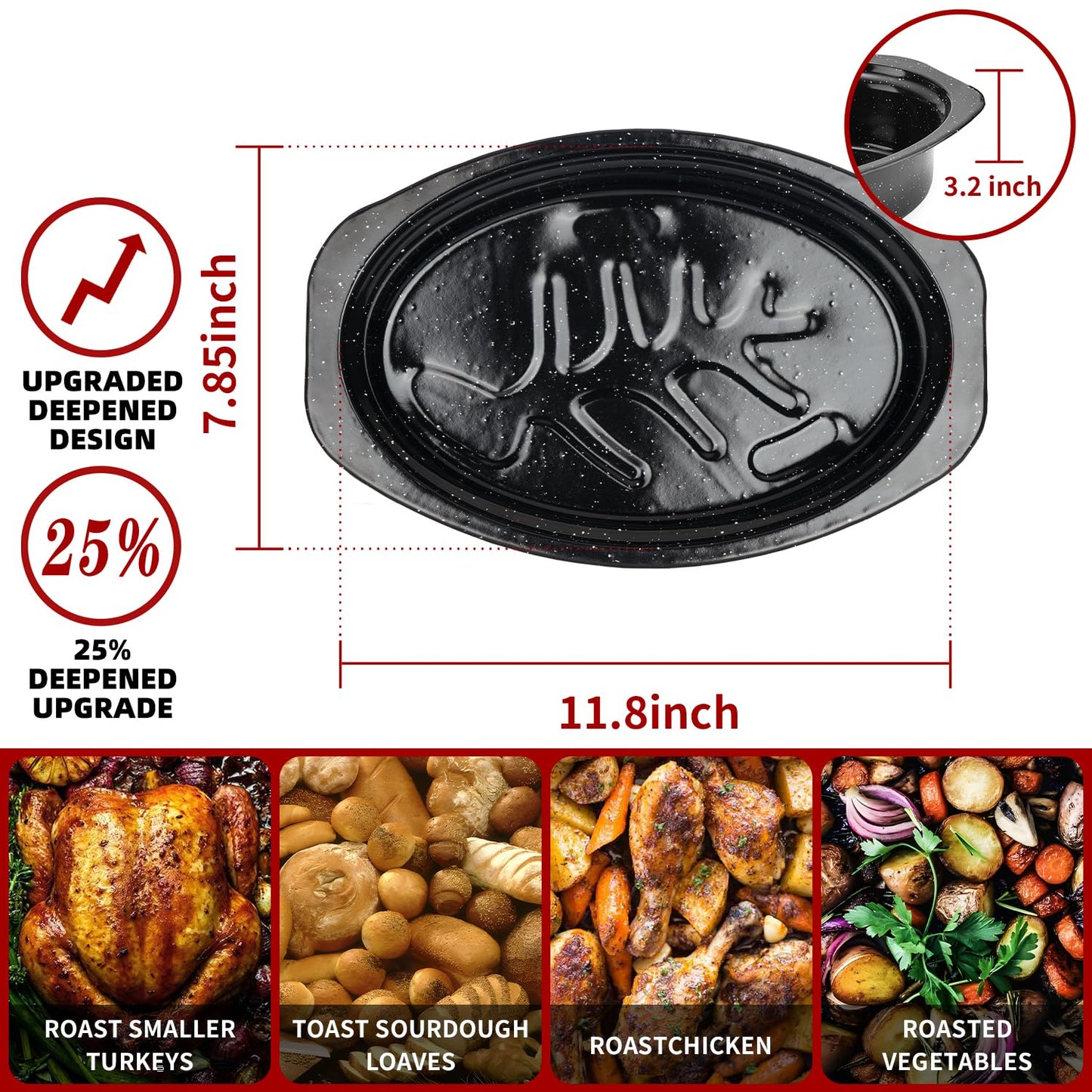 DIMESHY 13Inch Roasting Pan, Enamel on Steel, Black Covered Oval Roaster Pan with Lid, Small Cookware for Turkey, Small Chicken, Roast Baking Pan.