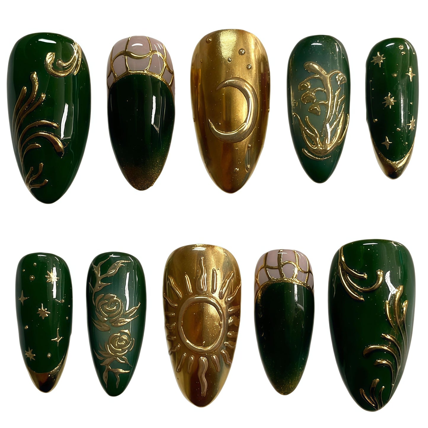 Medium Press on Nails Almond Fake Nails Green Acrylic Nail Press Ons Seeneey Flowers and Gold Charm Designs Stick on Nail for Women 10pcs