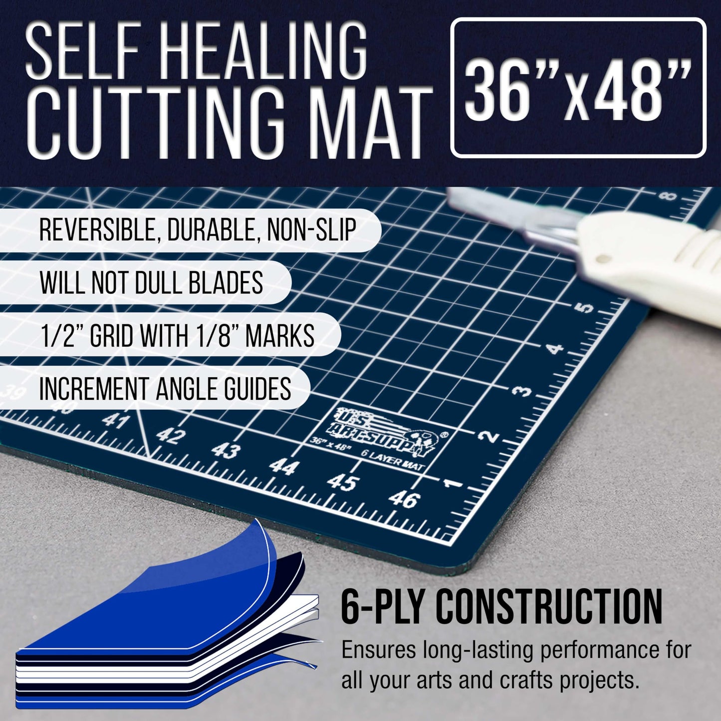 U.S. Art Supply 36" x 48" Self-Healing Cutting Mat 5-Ply - Double-Sided White/Blue Craft Mat, Non-Slip Cutting Mats for Crafts, Sewing, Quilting, Scrapbooking