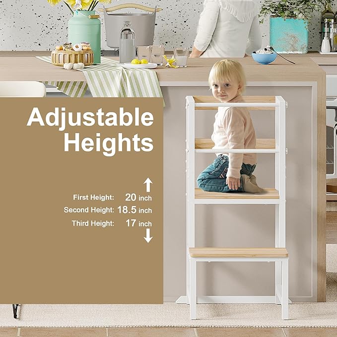 Kitchen Step Stool for Toddlers, Height Adjustable Toddler Tower with Safety Rail, Steel and Wood Toddler Kitchen Stool Helper Kids, Stool for Kids, Learning Tower, Kids' Desk Wood White
