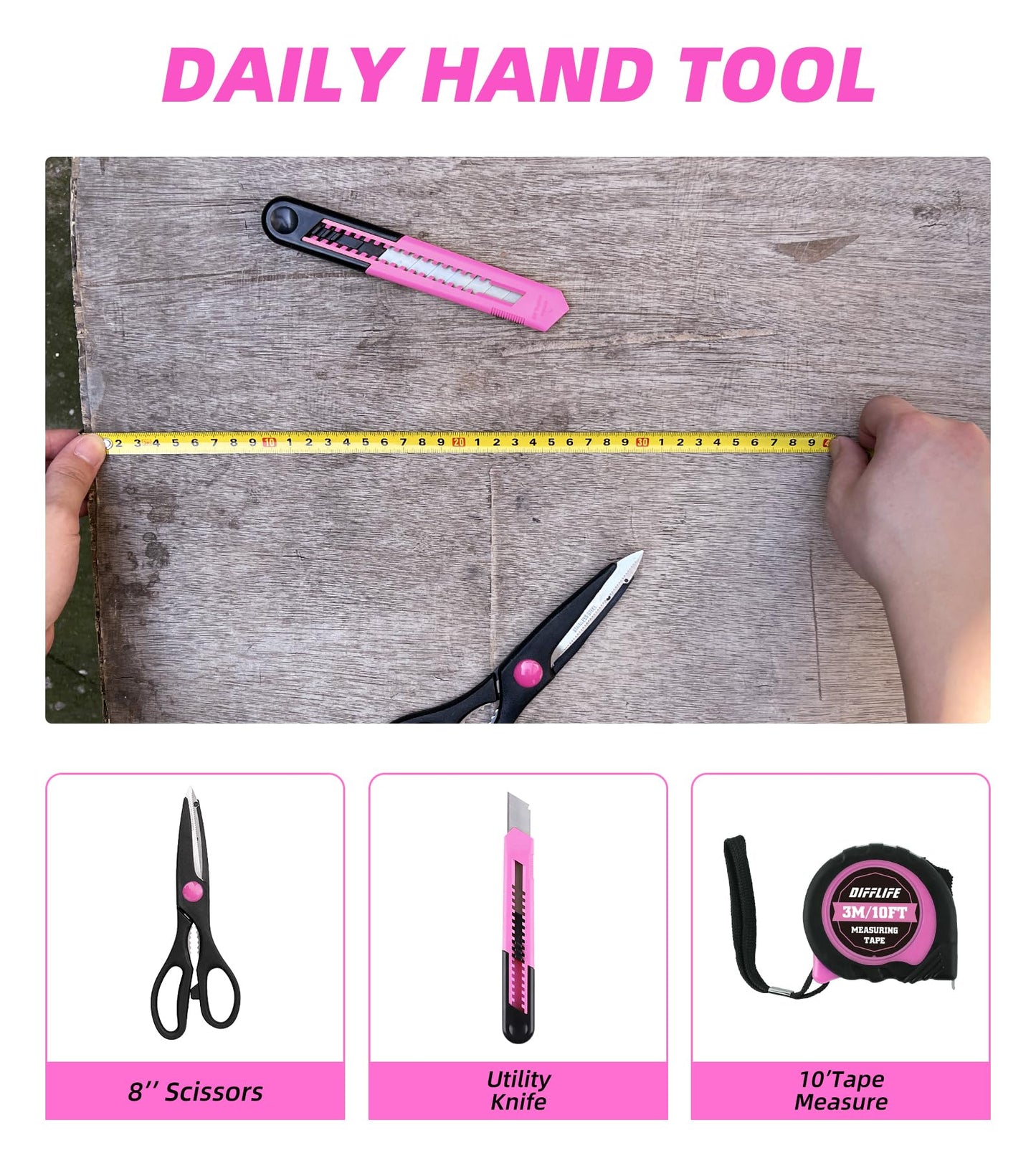 DIFFLIFE Tool Set Pink-40 Piece - General Household Hand Tool Kit with Plastic Toolbox Storage Case(Pink)