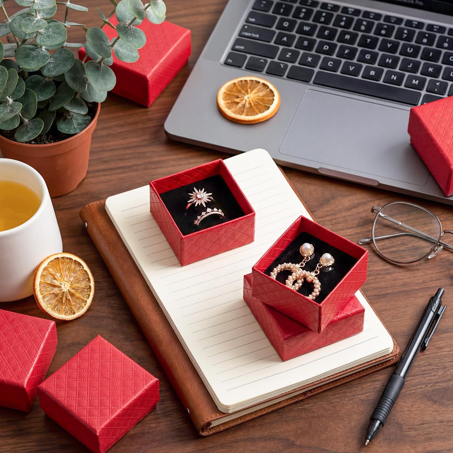 Landical 100 Pcs Jewelry Ring Gift Box 2'' x 2'' x 1'' Small Cardboard Earring Ring Gift Box with Velvet and Sponge Liner Pendant Case Bulk for Necklace Bracelet Earring Display Wedding (Red)