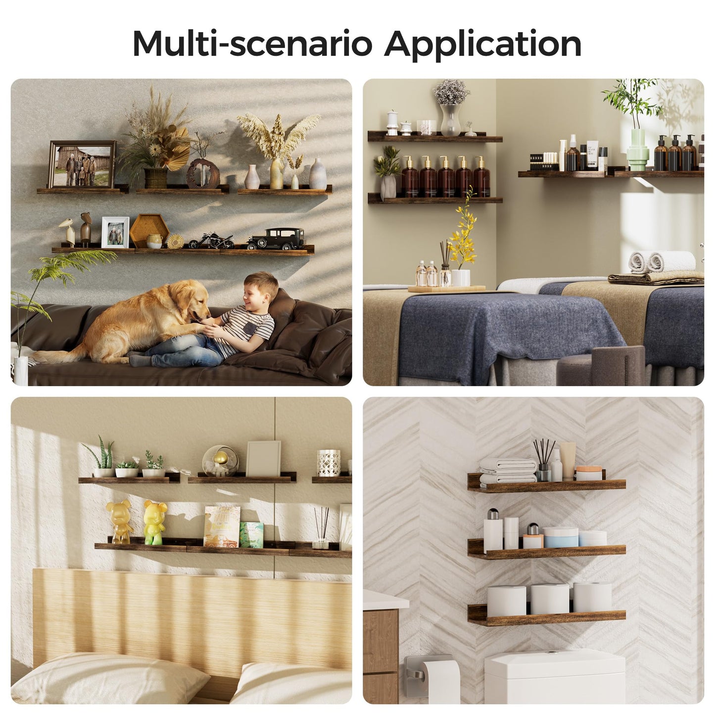 upsimples 6 Pack Wooden Floating Shelves, Wall Storage Decor Shelf for Bathroom, Bedroom, Living Room, Kitchen, Office and Laundry Room, Wall Mounted Display Hanging Shelf, Brown