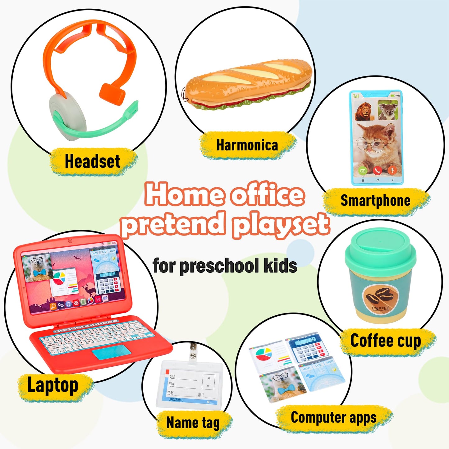 Pretend Play Home Office Set for Kids Ages 3-7, Includes Toy Kids Laptop,Cell Phone,Hamburg Harmonica,Headset & Toddlers Beverage Cup-Pretend Work Simulation Play