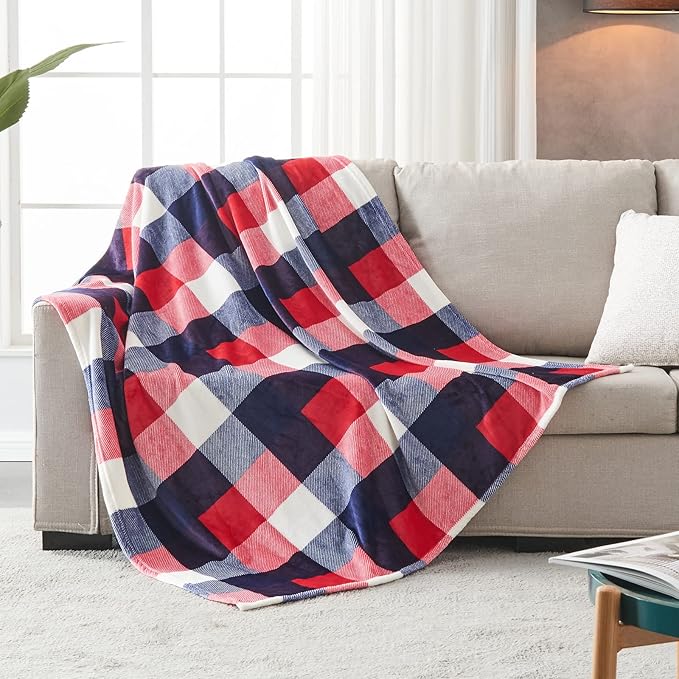 SOCHOW Buffalo Plaid Flannel Fleece Throw Blanket 50 x 60 Inches, Soft Lightweight Cozy All Season Red/Blue Checkered Blanket for Bed, Couch, Car