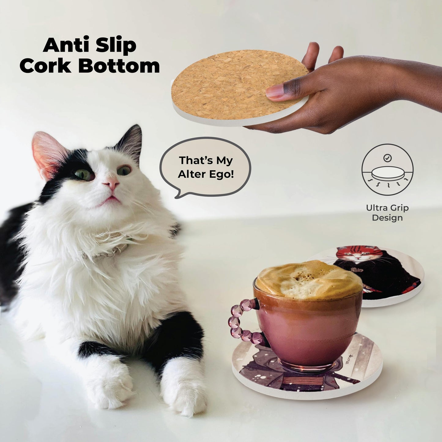 Gifts for Cat Lovers - Ninja Cat Coasters - Anime Cat Decor - Set of 6 Drink Coasters with Holder