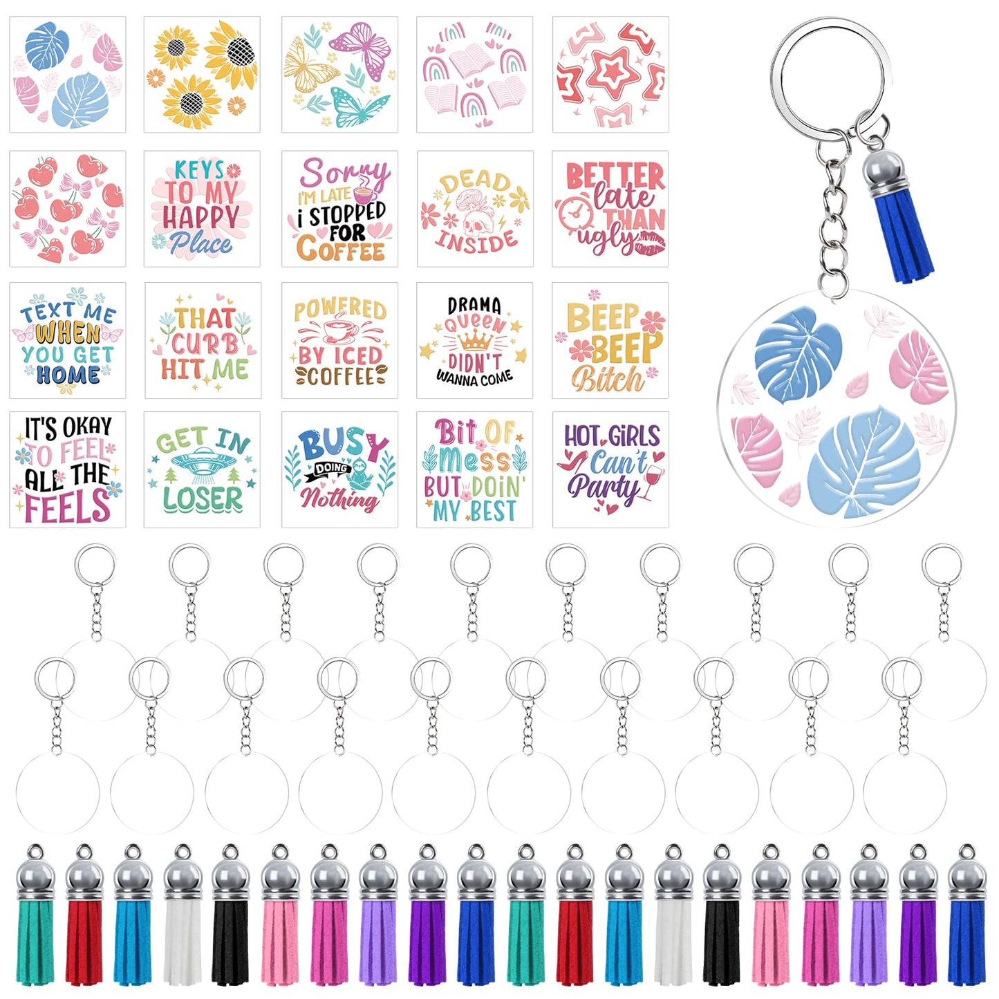 Shejdgart Acrylic Keychain Blanks Kit - 60 Pcs Clear Acrylic Blanks Set with 40 Sheet Double-Sided Printing Funny Humorous Quotes Cold UV DTF Transfer Stickers Tassels, DIY Keychain Crafts Gift
