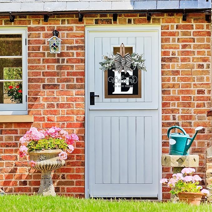 Last Name Year Round Front Door Wreath Front Porch Decoration 26 Letter Welcome Sign with Eucalyptus Garland and Bow Spring Wreaths for Front Door Outside Hanger Garland（E）