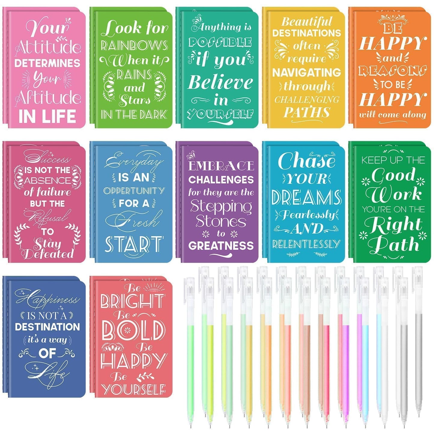 24 Pcs Mini Inspirational Notebooks Bulk with 24 Pcs Colorful Pens, Small Pocket Journal Notepads Set, Motivational Bulk Gifts for Women Men Teacher Student, Fun Mother's Day Gift Bulks, 3.5" x 5.5"