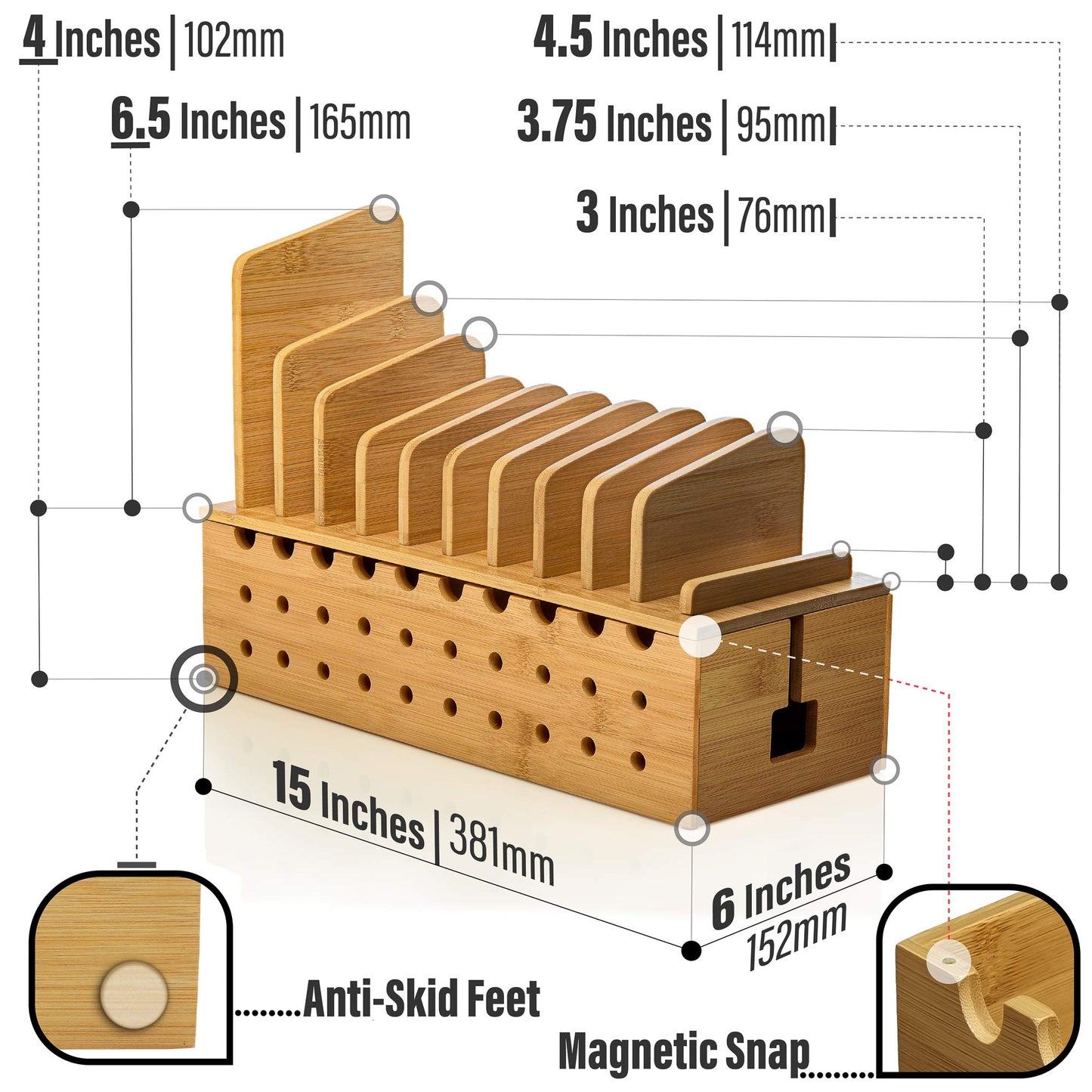 Prosumer's Choice Multi Device Charging Station - Bamboo Charging Dock and Cord Organizer for 10 Devices - Bamboo Desk Organizer Rack with Cable Box for Power Strip Storage, Phones and Tablets