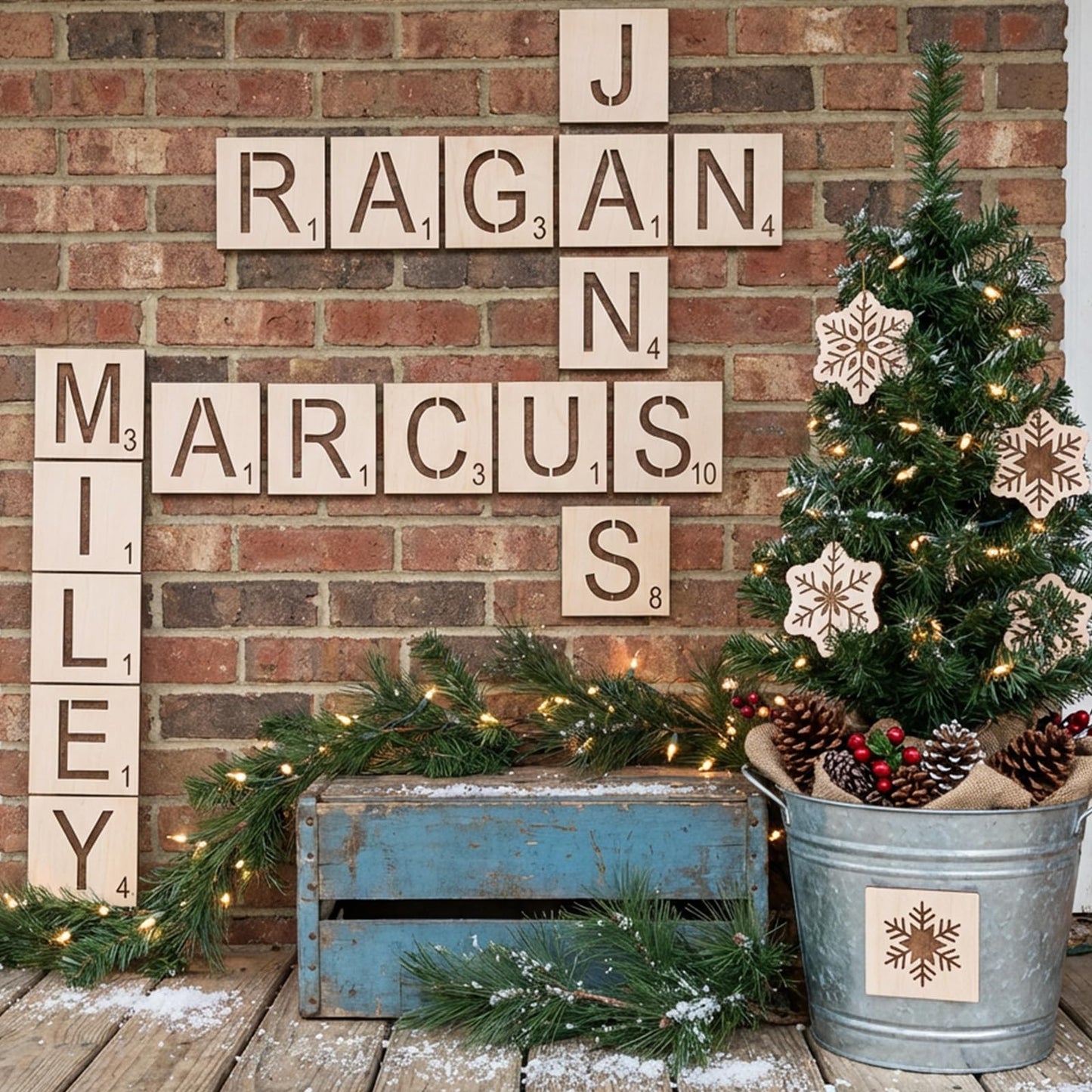 36pcs 5 Inch Wooden Squares for Crafts, 30 Large Letter Stencils Custom Stencil Set, Letters for Wall Decor, Tiles for Crafts, Unfinished Wooden Letters for Painting Home Farmhouse