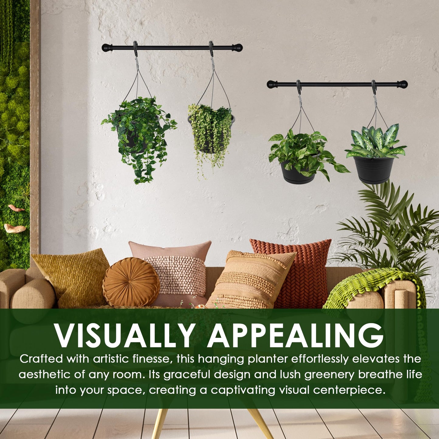 J3A Collections 10in Euro Hanging Planters for Indoor Plants 2 Pieces 10inch Hanging Planter with (2) 40cm Hooks, Self Watering Indoor Outdoor Hanging Pots with Drainage Holes and Removable Drip Tray