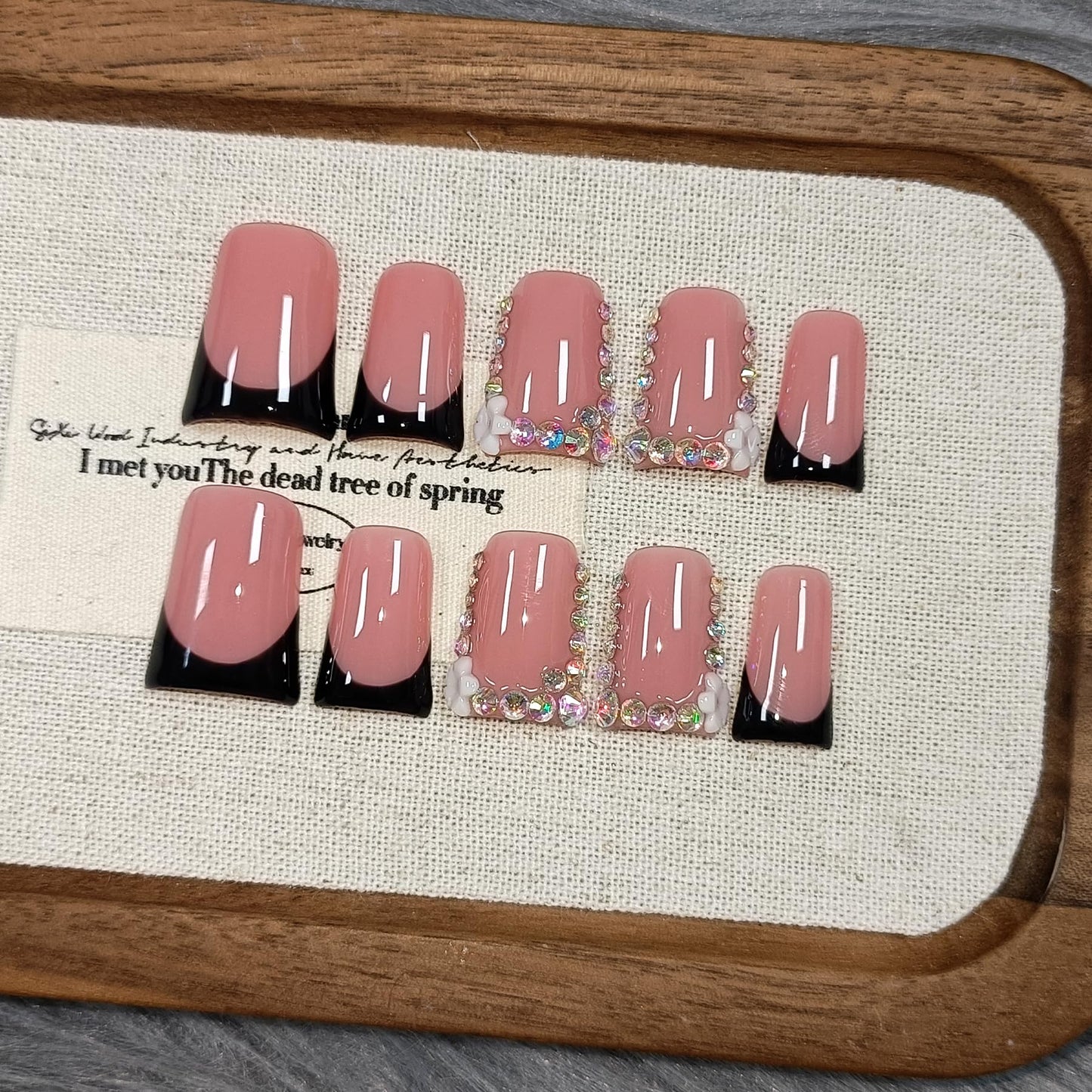TENPAL Handmade Duck Nails Press on,Pink & Black French Tip Duckbill Tips with Rhinestone Edge,10PCS Glossy Glue on Nails Kit,Glitter Acrylic False Nails with Design,Y2K Punk Fake Nail for Women(S)