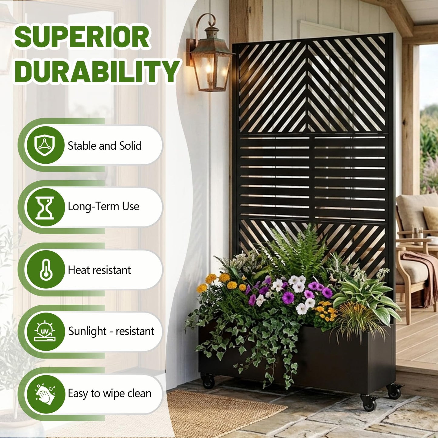 73.21" H×35.43”W Metal Planter Box with Trellis & Wheels, Outdoor Privacy Planters for Patio, Mobile Raised Garden Bed with Trellis for Climbing Plants, Balcony & Backyard (Black 3)