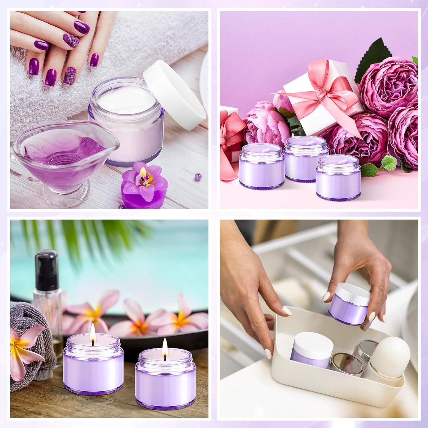 Domensi 48 Pcs 2 oz Glass Jars with Lids Travel Size Round Leakproof Empty Cosmetic Jars with Inner Liners Lid for Storing Makeup Lotions Face Cream Ointments Candle DIY Making (Light Purple)