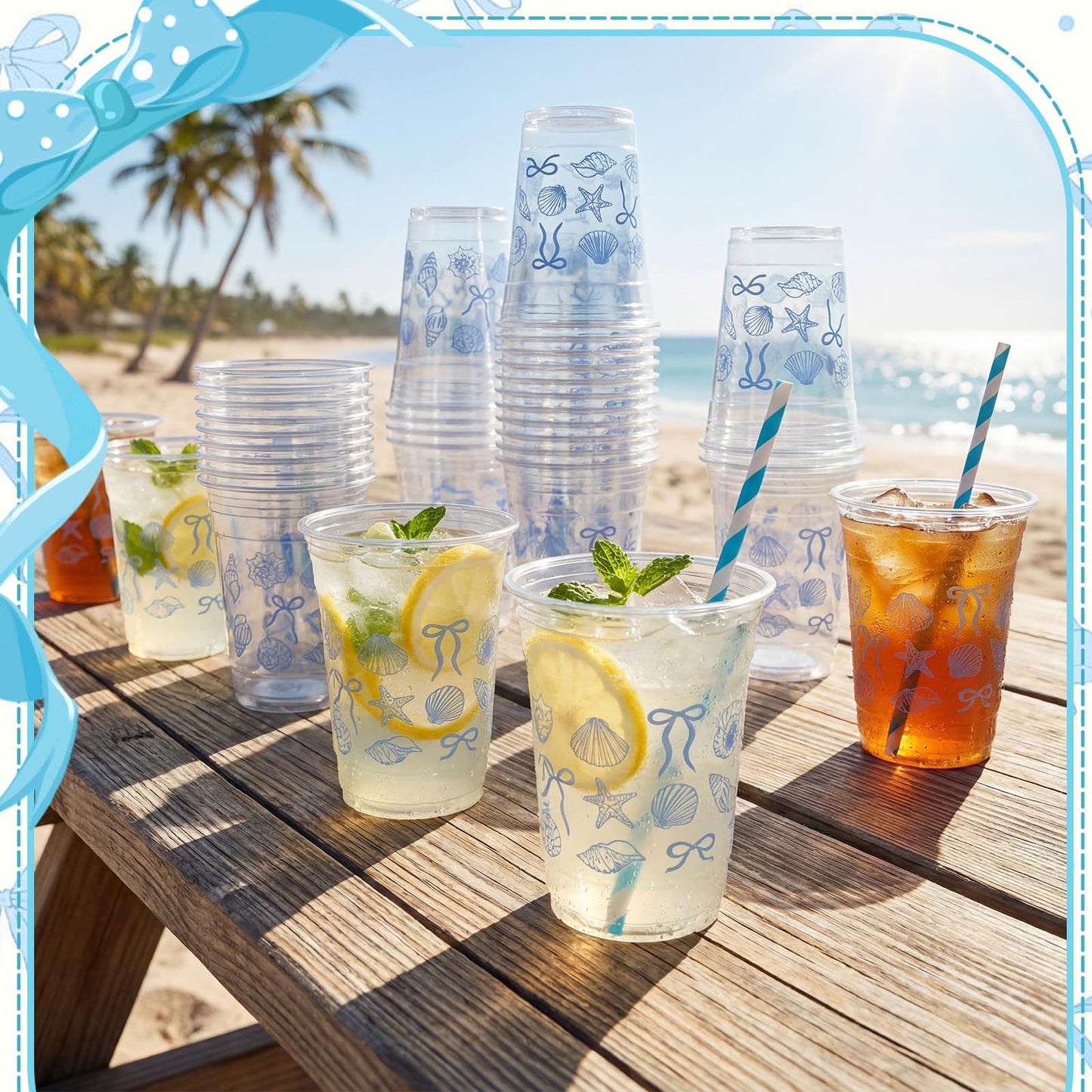 Sliner 25 Pcs 16 oz Coquette Disposable Plastic Cups with Straw for Party Supplies Bow Cups Birthday Wedding Bridal Engagement Party Drinkware Baby Shower Decoration (Blue Bow Starfish and Seashell)