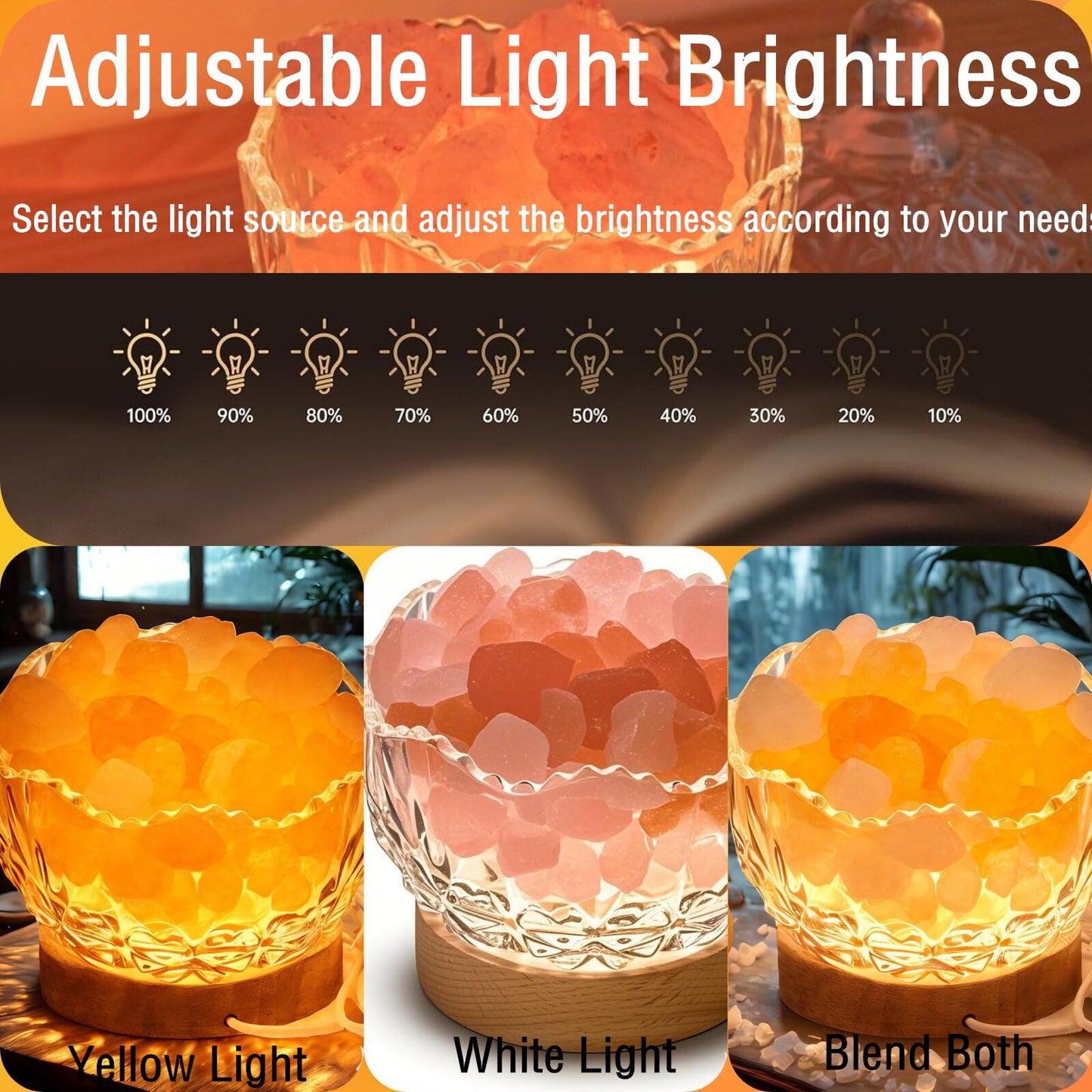 Crystal Glass Himalayan Salt Lamp with LED Light, Wooden Base, 10 Brightness Levels, 3 Distinct Lighting Modes, USB Powered, Pink Salt Rock Lamp, Home Decor Art Showpiece Night Light (Tricolor)