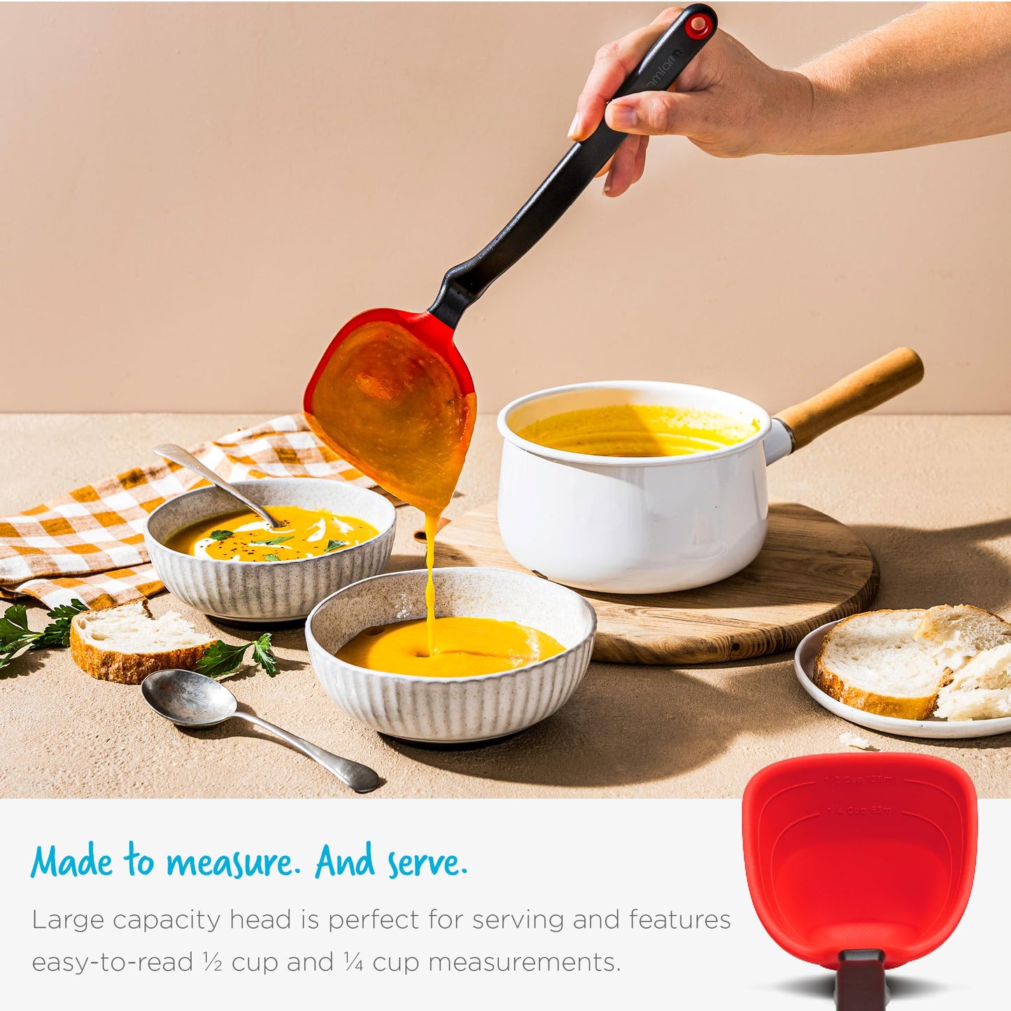 Dreamfarm Fladle Fold-Flat, Space-Saving Serving & Cooking Ladle Measures up to 1/2 Cup with Silicone Scraping Squeegee-Tip - 12" Red