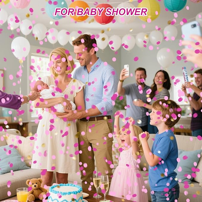2 Pack Gender Reveal Confetti Cannon, 12 in Pink Round shaped Paper Party Poppers Cannons, Confetti Poppers For Baby Girl Gender Reveal Baby Showers (Round, Pink)