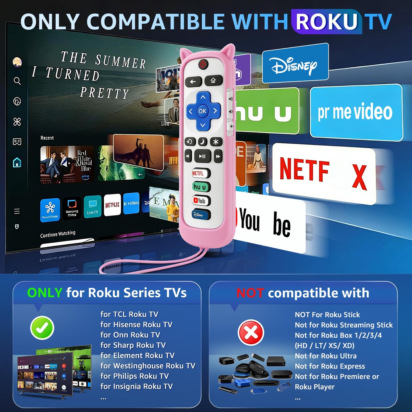 (Pack of 3) Replacement Remote Only for Roku TV with Soft Silicone Protective Cover (Glow in The Dark), Universal Remote for TCL/Onn/Hisense/Sharp/Element/Philips Roku Smart TV (Elegant White)